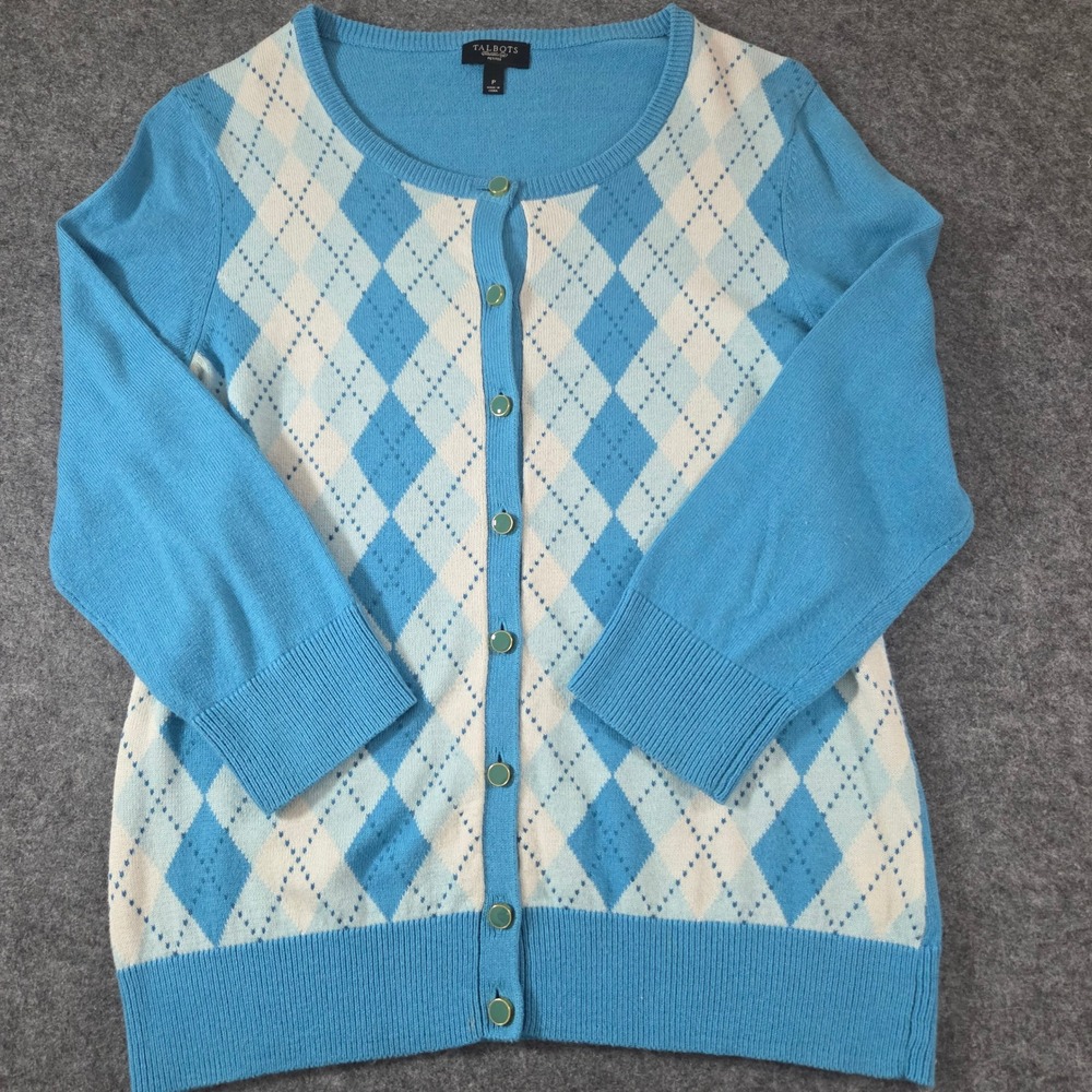 Talbots Petite Blue Argyle Cardigan Sweater Cotton Silk Blend P 3/4 Sleeve